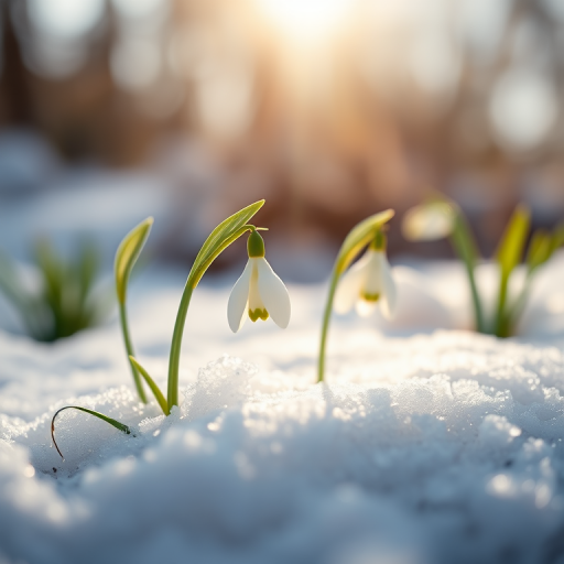 Capture a close-up of snowdrops emerging from the snow during early spring, with soft sunlight illuminating the petals, use a DSLR camera with a 50mm f/1.8 lens, aperture set to f/2.8 for a shallow depth of field, ISO 200, and a shutter speed of 1/200s to highlight the delicate details and create a dreamy bokeh effect.