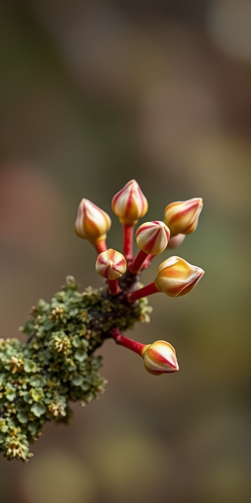 close-up of a lichen-covered branch with budding flowers, shallow depth of field, natural light, macro lens, f/2.8, ISO 100, 1/200s, DSLR camera, soft bokeh background, vibrant colors