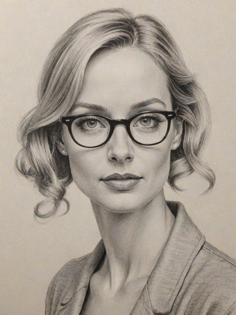 Fascinating Joanne Froggatt, pencil sketch, portrait of Fascinating woman 1954s in glasses, hair style beatnik, outline, clear lines, fine lines, 8k