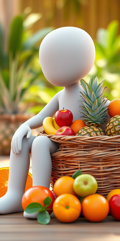 Create an image of a 3D character with a smooth, featureless body sitting beside a large woven basket filled with vibrant, fresh fruits including bananas, pineapples, apples, and oranges, shot with a Canon EOS R5, 50mm lens, f/1.8 aperture, ISO 100, natural light, shallow depth of field for enhanced focus on the fruits.