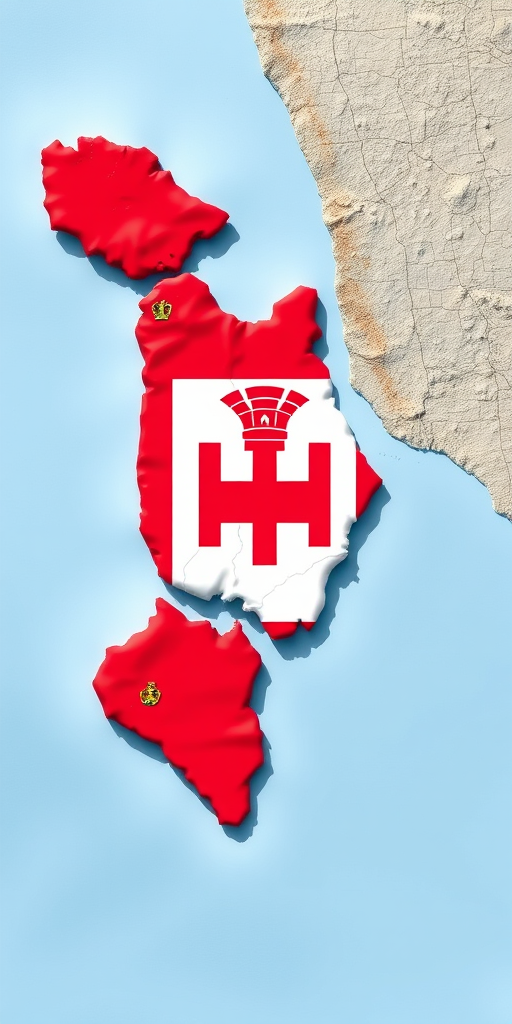 Generate a high-resolution image of the map of Malta, featuring the national flag colors and symbols, captured with a DSLR camera, 50mm lens, f/8 aperture, ISO 100, in natural sunlight, using a top-down aerial view for clarity and detail.
