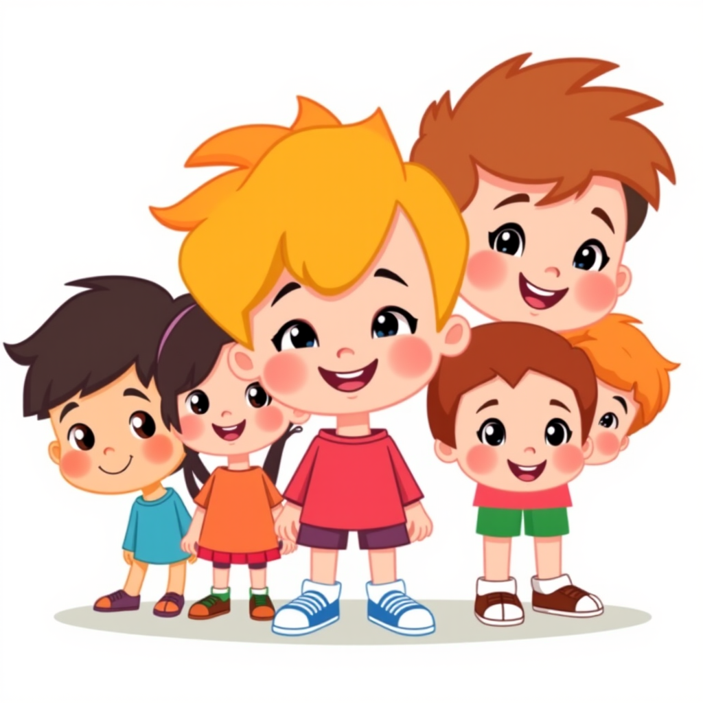 Create a vibrant vector illustration of five cartoon children with diverse hairstyles and expressions, captured in a colorful flat design style, using a high-resolution digital camera, f/8 aperture, 50mm lens, natural lighting, and a clear background for enhanced quality.