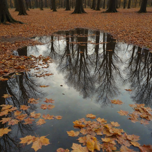 trees reflecting in a puddle of water mirror of trees, a cloudy sky with golden light, low grip, autumn atmosphere, dead leaves in the puddle, 4k
