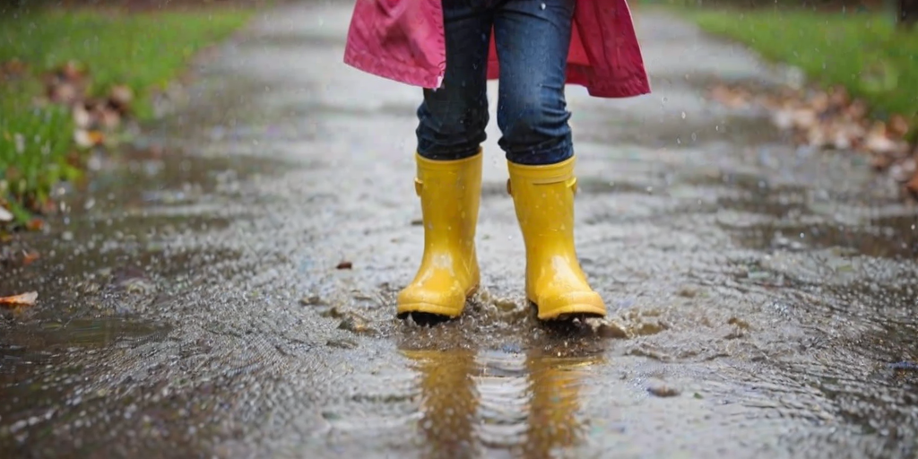 Blurry action shot of a young child splashing through puddles on a rainy day, with bright yellow rain boots and a colorful umbrella, soft raindrops visible in the air.