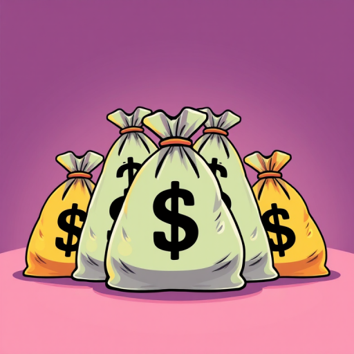 Create a vibrant cartoon-style illustration of stacked money bags with dollar signs, high contrast, sharp focus, 50mm lens, f/2.8 aperture, ISO 100, front view, flat lay perspective, bright lighting.