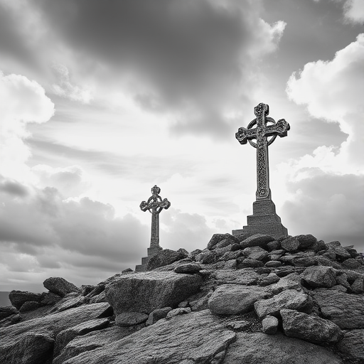 Create a high-resolution black and white image of two ornate crosses on a rocky hilltop under dramatic clouds, using a DSLR camera with an aperture of f/4, shutter speed of 1/250s, ISO 200, and a low-angle perspective to emphasize the height and detail of the crosses.