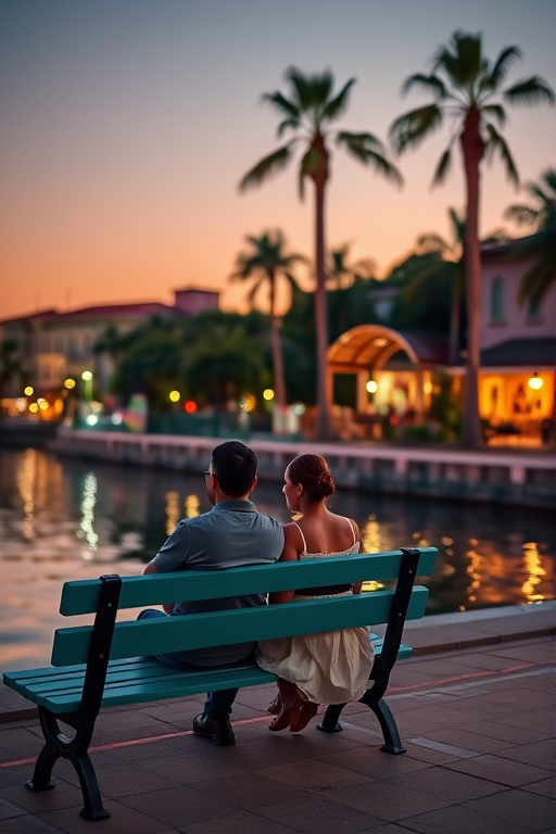 Capture a serene twilight scene of a couple sitting on a teal bench by a river, surrounded by palm trees and softly lit buildings in the background, using a Canon EOS R, 35mm lens, aperture f/2.8, shutter speed 1/60s, ISO 200, with a shallow depth of field to emphasize the couple while softly blurring the background.