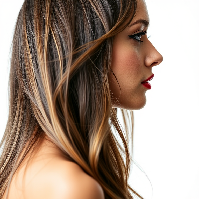 Generate a high-quality profile portrait of a woman with long, flowing hair and striking red lips, captured with a 50mm lens at f/1.8, ISO 100, soft natural lighting, in a clean white background, using a DSLR camera.