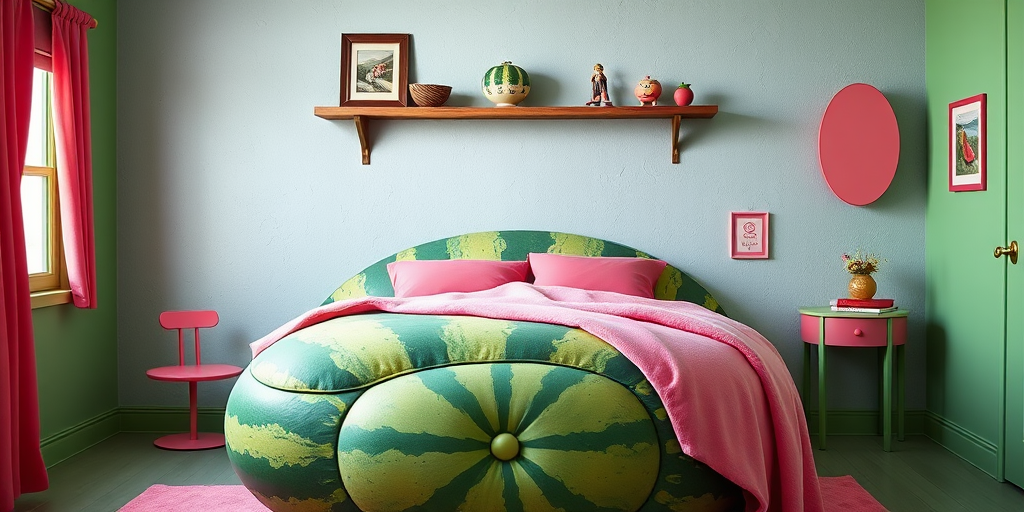 This image is a photograph of a whimsical, surreal bedroom designed to resemble a watermelon. The room is painted in various shades of green and pink, with walls and furniture matching the color theme. The bed, which is the central focus, is shaped like a giant watermelon with a large, round, button-like indentation at the foot. The pillows are a deep pink, and a plush pink blanket is draped over the bed. The bed is positioned against a wall with a light gray, textured finish. Above the bed, a wooden shelf holds various decorative items including a framed picture, a small vase, and a ceramic figure: all watermelon themed.