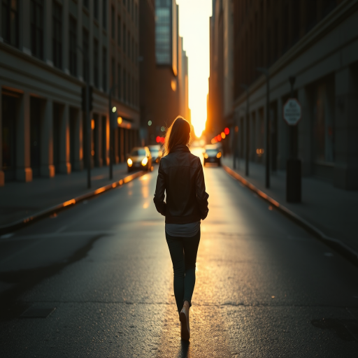 Quiet city street at dawn, with the first light of day reflecting off the wet pavement, a woman in a leather jacket walks slowly through the deserted streets, her hands tucked in her pockets.