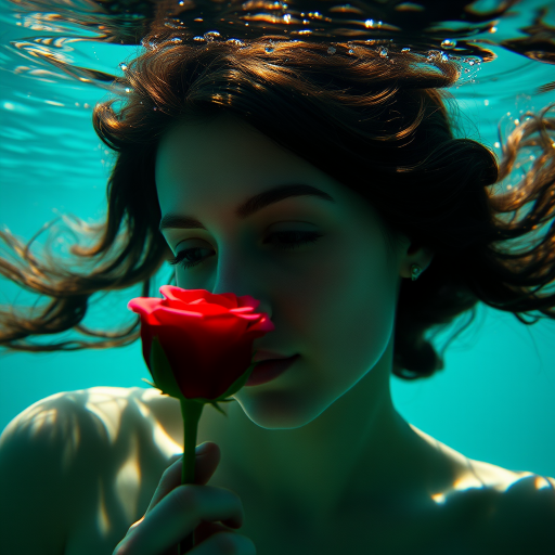 A woman underwater, gazing at a rose Her face is reflected in the water's surface The scene is illuminated by sunlight filtering through the water The atmosphere is serene and contemplative