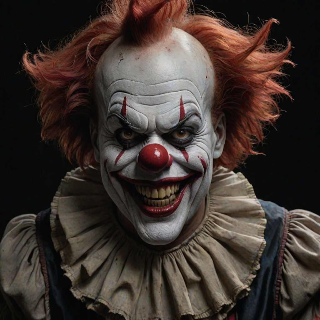 Create a hyper-realistic, dark, and eerie clown with a sinister smile, set against a black background. The clown should have exaggerated makeup with sharp, contrasting colors to enhance its menacing appearance. The overall atmosphere should be unsettling and intense, capturing a sense of horror and suspense