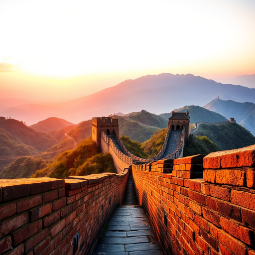 Great Wall of China at sunrise, captured with a Canon EOS 5D Mark IV, ISO 100, aperture f/11, shutter speed 1/200 sec, wide-angle view, HDR style for enhanced detail and vibrant colors.