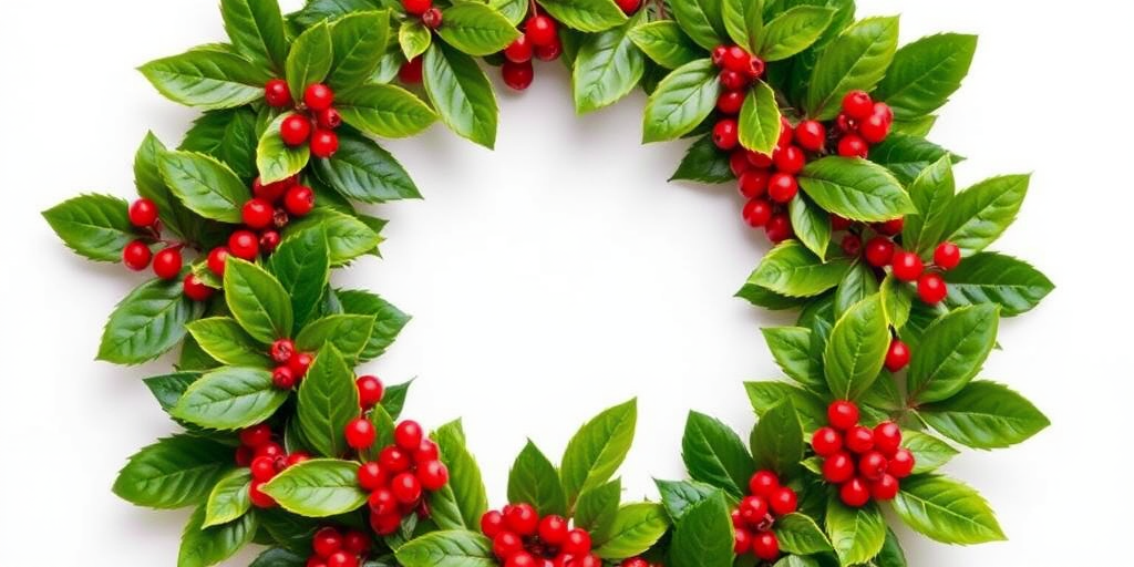 Create a festive Christmas wreath with vibrant green leaves and red berries on a plain background, using a DSLR camera, 50mm lens, f/2.8 aperture, ISO 100, and 1/100s shutter speed for sharp detail and rich color saturation.