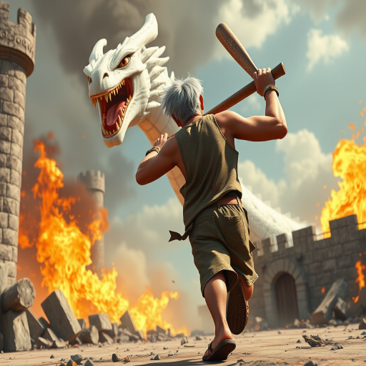 Cartoon 3D High-Resolution,dynamic battle scene using Unreal Engine 5 and Octane Render. The scene features back of an elderly, thai man with a beard,messy hair and round golden-rimmed glasses. He is wearing a tattered tank top with soot marks, shorts, and sandals. sweating. he wields a baseball bat. He jump to fight with a white fire-breathing Europe dragon amidst a partially destroyed stone castle. Include intense flames, smoke, and debris to enhance the dramatic effect.
