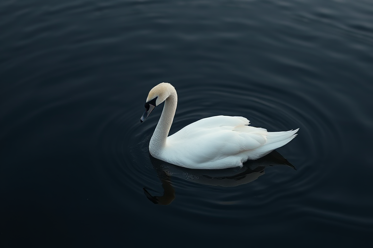 A serene white swan gliding across a dark water surface with a clear reflection, captured in high detail with a Canon EOS 5D Mark IV, 50mm lens, aperture f/2.8, shutter speed 1/500s, ISO 100, natural light, and a focus on soft textures and contrasts.