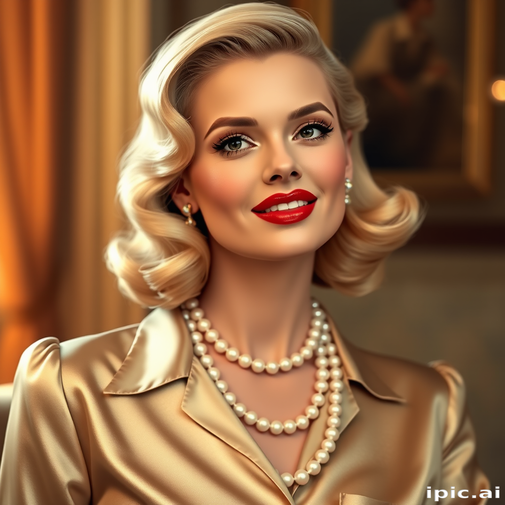A beautiful woman reminiscent of 1950s Hollywood glamour, with perfectly styled blonde hair and a seductive smile, dressed in a satin blouse and adorned with pearls, soft and warm tones, photorealistic, 8K