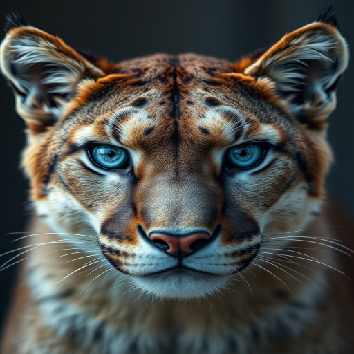generate a hyper-realistic portrait of a mountain lion with vivid blue eyes facing the camera, soft lighting, macro lens, f/2.8 aperture, 50mm focal length, studio backdrop