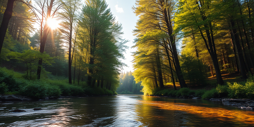 Create an image of a serene, sunlit forest scene with a clear, gently flowing river. Tall trees with lush green foliage line both sides of the river, their leaves bathed in the warm golden light of the setting or rising sun. The sunlight filters through the trees, casting soft, dappled light on the river, which flows over smooth rocks and pebbles, creating a peaceful, natural atmosphere. The sky is bright with a few scattered clouds, and the overall mood is tranquil, evoking a deep sense of connection with nature. The image captures the beauty of a calm, pristine forest landscape at either dawn or dusk.