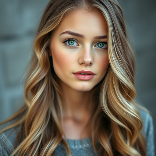portrait of a young woman with long, wavy blonde hair and striking green eyes, soft focus background, natural soft lighting, 85mm lens, f/1.8 aperture, ISO 100, shot at eye level, DSLR camera