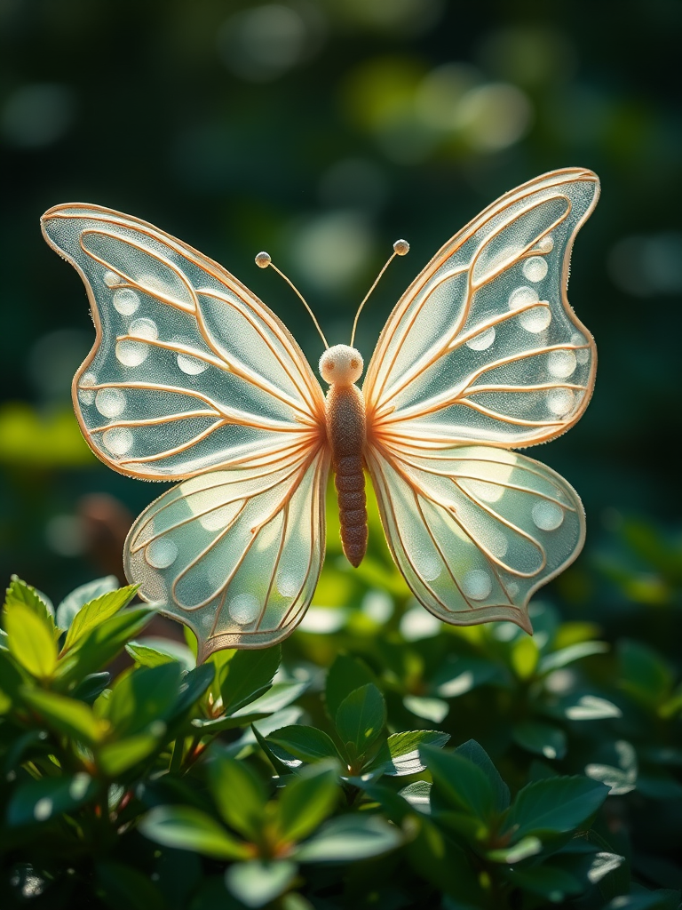Create a high-resolution image of a mystical ethereal being resembling a butterfly crafted from translucent, delicate materials, surrounded by vibrant green foliage, captured with a Canon EOS R5, 85mm lens, aperture f/1.8, ISO 100, shallow depth of field, soft bokeh background, natural light from above.