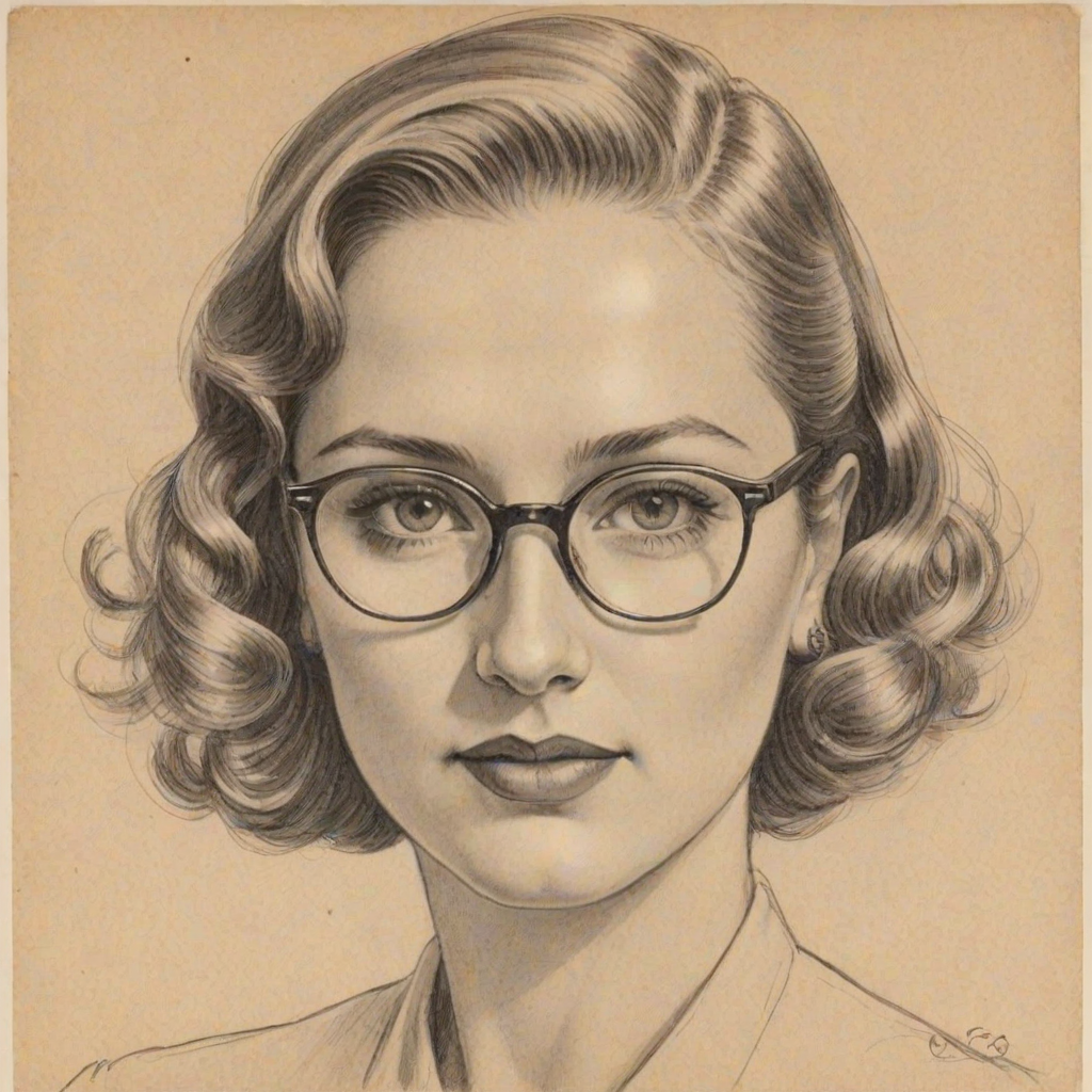 Attractive Amie Kaufman, pencil sketch, portrait of Graceful woman 1934s in glasses, hair style beatnik, outline, clear lines, fine lines, 8k