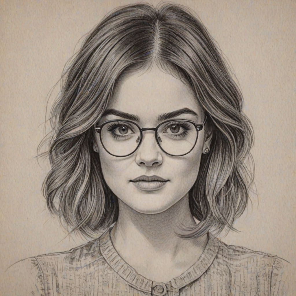 Magnificent Lucy Hale, pencil sketch, portrait of Beauteous woman 1976s in glasses, hair style beatnik, outline, clear lines, fine lines, 8k