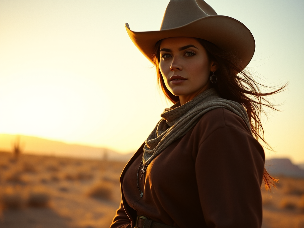 Dramatic photo of a beautiful Georgian woman, classic cowboy attire, confident and free spirit expression, half-length portrait, centered, golden hour desert landscape, warm, diffused light, low angle, medium format film camera, in style of Annie Leibovitz.