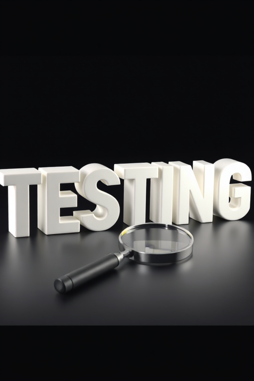 Create a 3D render of the word "TESTING" in bold, white letters with a glossy finish and a magnifying glass positioned beside it, with a soft shadow for depth, using a Canon EOS 5D Mark IV, aperture f/8, ISO 100, 50mm lens, shot from a low angle to emphasize perspective and enhance detail.