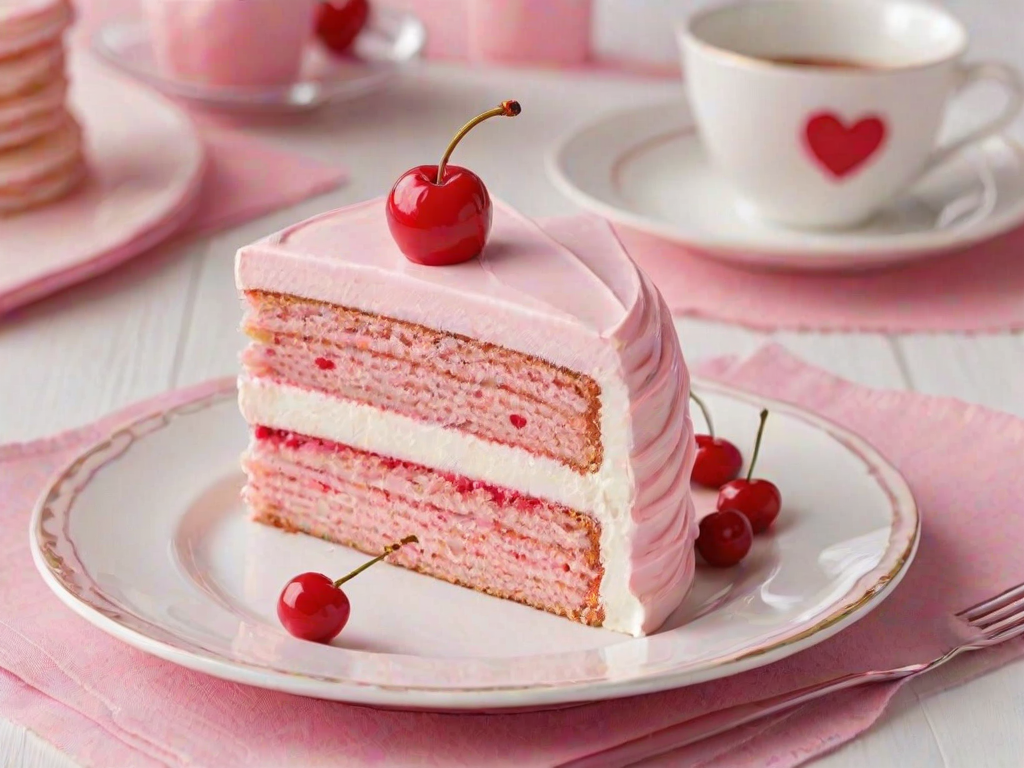 Create an image of a slice of pink cake with layers of white frosting, topped with a cherry, served on a white plate. Include heart-shaped cookies in the background, emphasizing a romantic or festive theme. The setting should be bright and cheerful, with a clean, elegant presentation.