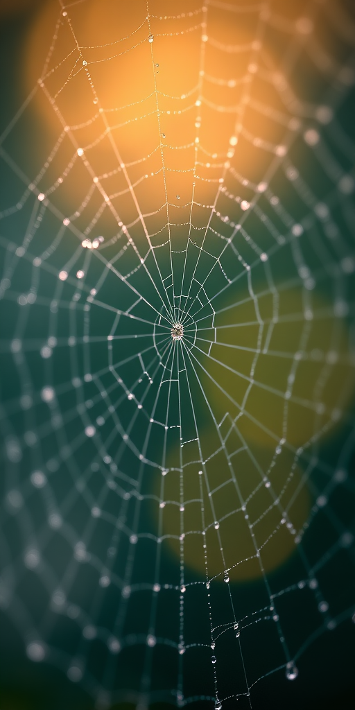 close-up of a dewy spider web with intricate details and soft bokeh background, shot with a macro lens at f/2.8, 1/200s, ISO 100, natural light, using a DSLR camera
