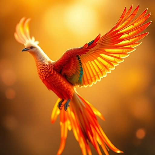 A vibrant, colorful phoenix with iridescent feathers soaring through a warm golden haze, captured with a DSLR camera, 50mm lens, f/1.8 aperture, ISO 200, and a shallow depth of field for a bokeh effect.