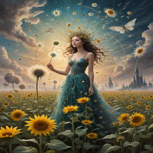 A surreal allegory featuring ethereal fairies, towering sunflowers, and an enigmatic witch, all set within a dreamlike landscape. The scene is dominated by a colossal dandelion, its delicate seeds floating through the air, reminiscent of Yves Tanguy's abstract forms. The environment is a blend of otherworldly elements and natural beauty, with twisted, elongated shapes and surreal colors that evoke a sense of mystery and enchantment.