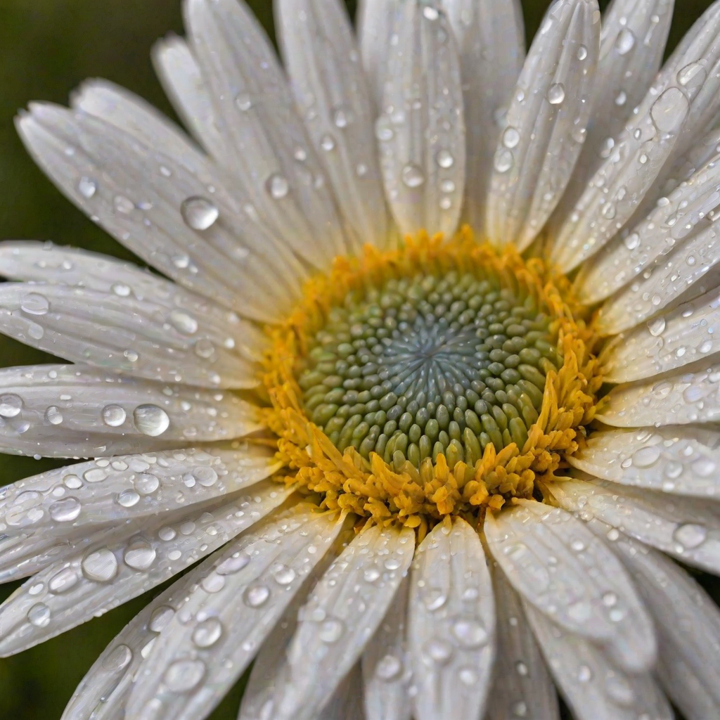 create a close-up image of a white daisy with a yellow center, dew drops on the petals, set against a soft blurred background