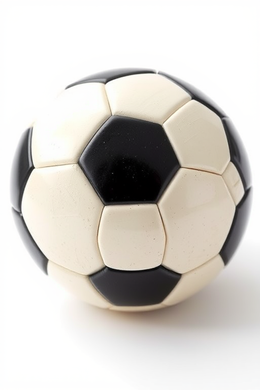 Create a high-resolution image of a soccer ball on a clean white background, capture using a DSLR camera with a 50mm lens, aperture set to f/2.8 for shallow depth of field, ISO 100 for clarity, and natural lighting to enhance texture and detail.