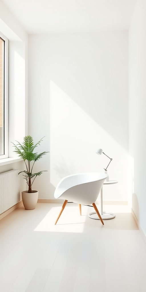 interior of a minimalist room with a single white chair and a small table, a modern lamp on the table, a small potted plant, soft natural light streaming in from a large window, camera type: DSLR, camera settings: f/2.8, ISO 100, shutter speed 1/60s, camera view: wide angle, camera style: high dynamic range for enhanced image quality