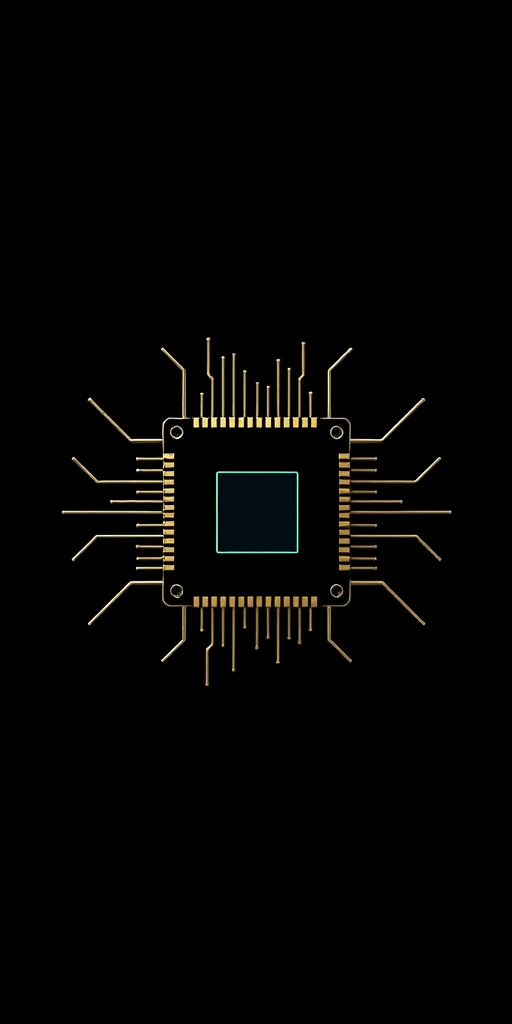 Create an image of a stylized microchip with circuit lines radiating outward, set against a solid black background, using a DSLR camera with a 50mm lens, aperture f/1.8, ISO 100, and a shallow depth of field for enhanced clarity.