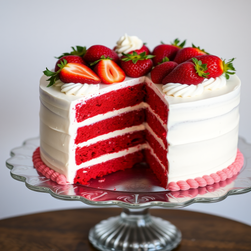 A beautifully decorated cake with layers of red velvet and white cream filling, topped with fresh strawberries and a swirl of whipped cream, displayed on an elegant cake stand with a slice removed showcasing the layers inside.