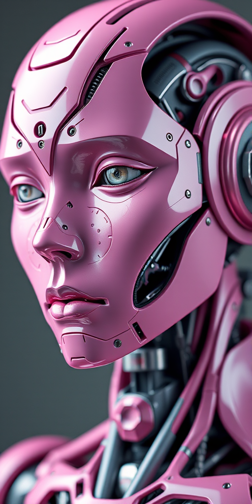 Generate a hyper-realistic image of a futuristic humanoid robot with intricate pink metallic features, high detail on facial structure and robotic elements, soft studio lighting, 85mm lens, f/1.8 aperture, 1/100s shutter speed, shot from a slightly low angle to emphasize height and futuristic design, using a DSLR camera for maximum clarity and color vibrancy.