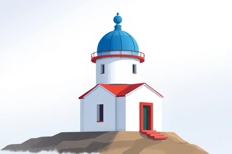 Create a high-resolution illustration of a lighthouse with a blue dome, featuring a white building with a blue striped roof, using a digital painting style at 300 DPI, capturing a side view, with soft lighting and a gradient background for depth.