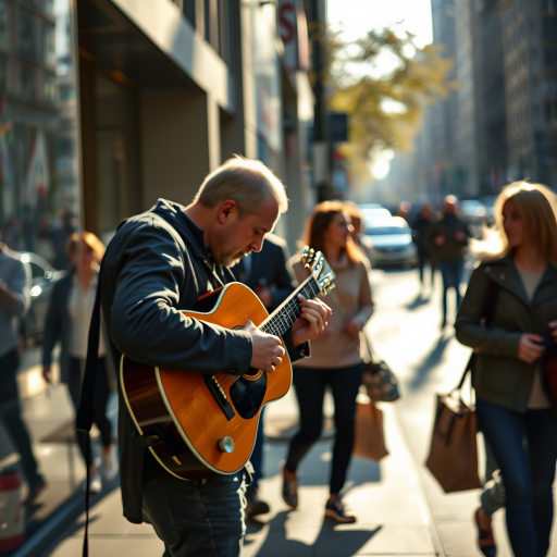 Blurry, candid photo of a street musician playing guitar on a busy city sidewalk, soft sunlight glinting off the strings, pedestrians walking by, some stopping to listen, the distant sound of cars honking and soft chatter filling the air.