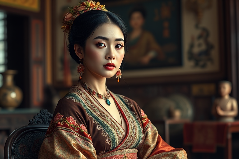 A beautiful Sephardic woman in traditional East Asian attire, intricately detailed with embroidered patterns, sitting gracefully in a richly decorated room, soft ambient lighting, serene and elegant, ultra-realistic, 8K resolution