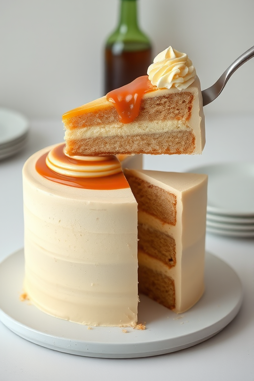 A beautifully decorated layer cake with a smooth frosting and a swirl of caramel on top, one slice is being lifted with a cake server, the background is light and minimalistic, featuring a few plates and a bottle, creating an inviting dessert scene.