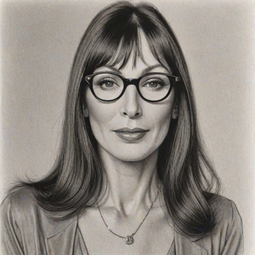 Exquisite Anjelica Huston, pencil sketch, portrait of Gorgeous woman 1947s in glasses, hair style beatnik, outline, clear lines, fine lines, 8k
