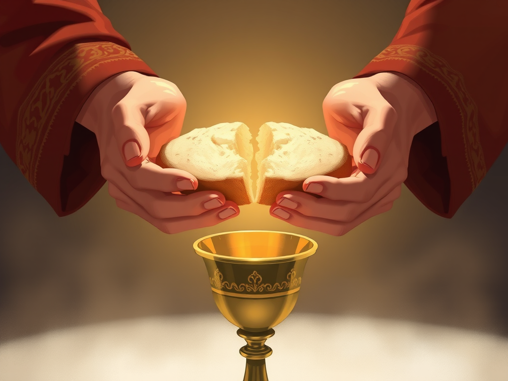 Create a high-resolution digital illustration of two hands holding a broken bread above a chalice, using a Canon EOS 5D Mark IV camera, with a 50mm lens, aperture f/2.8, ISO 200, and natural lighting to enhance colors and contrast.
