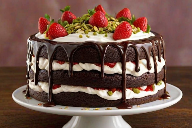 Create an image of a layered chocolate cake with fresh strawberries and whipped cream. The cake should have three layers, with strawberries and chopped pistachios decorating the top. A drizzle of chocolate sauce should be falling over the cake, and the background should be a dark, textured surface to highlight the cake's colors.