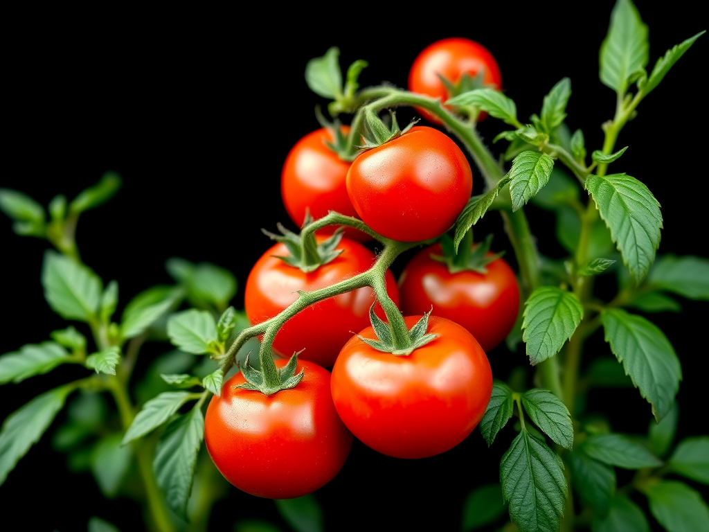 Create an illustration of vibrant red tomatoes growing on lush green plants against a black background, using a DSLR camera with a 50mm lens, f/2.8 aperture, ISO 100, and a shallow depth of field for enhanced focus and clarity.
