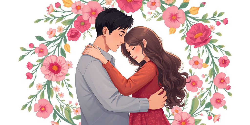 Create a high-resolution digital illustration of two people embracing surrounded by a floral wreath, shot with a Canon EOS R5 at 50mm f/1.8, ISO 100, and soft lighting for a vibrant color palette and smooth depth of field.