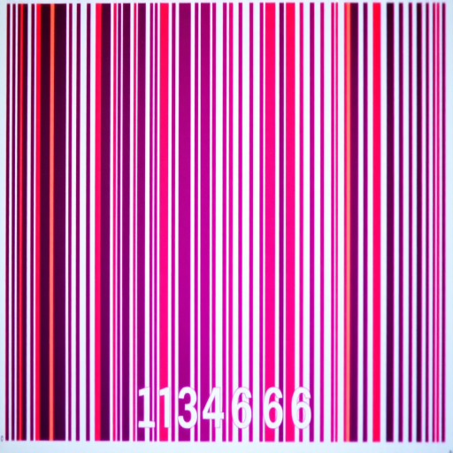 Create a vibrant barcode design featuring vertical lines in a gradient from red to purple, with clear digits at the bottom, shot with a DSLR camera at f/5.6, ISO 100, 50mm lens, focused closely for sharp detail.