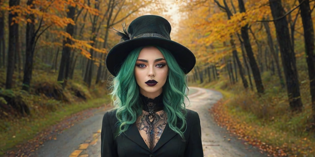 digital art fantasy depicting a strange girl with green hair, long eyelashes, black lipstick and a tall hat walking along a winding road on an autumn afternoon, an Lynx smiles as she passes